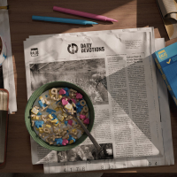 Bowl of Lucky Charms cereal sits atop a magazine. It's surrounded by a Bible, box of cereal, coffee, highlighter pens, and a banana