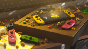 Nintendo switch console resting on top of a pizza box